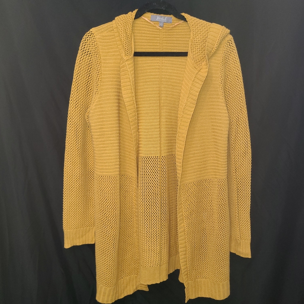 Marled Medium Womens Mustard Longsleeve Hooded Cotton Blend Knit Sweater